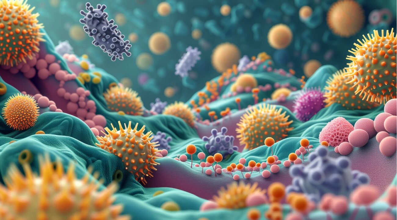 Illustration zur Verbindung von Darmmikrobiom und Gehirn – Einfluss der Darmflora auf psychische Gesundheit, Stimmung und kognitive Funktion